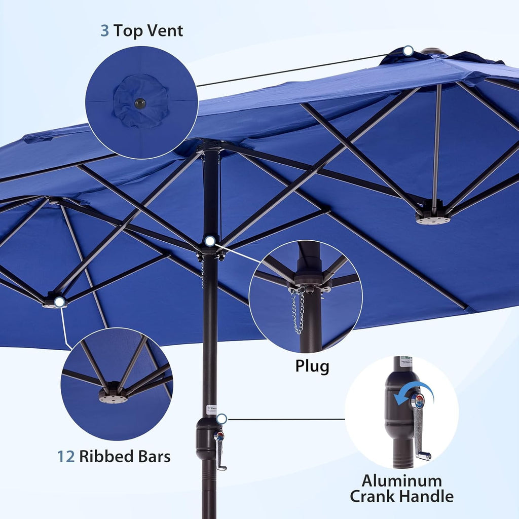 JIOABL 15FT Triple Head Patio Umbrella with Base & Sandbags, Large Outdoor Umbrella with Crank, 12 Ribs, UV-Resistant & Ventilated Canopy