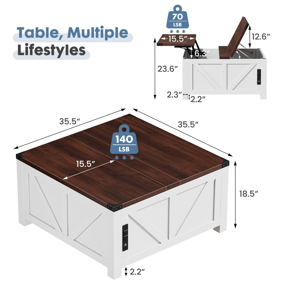 JIOABL Farmhouse Lift Top Coffee Table with Charging Station and Hidden Storage, Square Center Table for Living Room