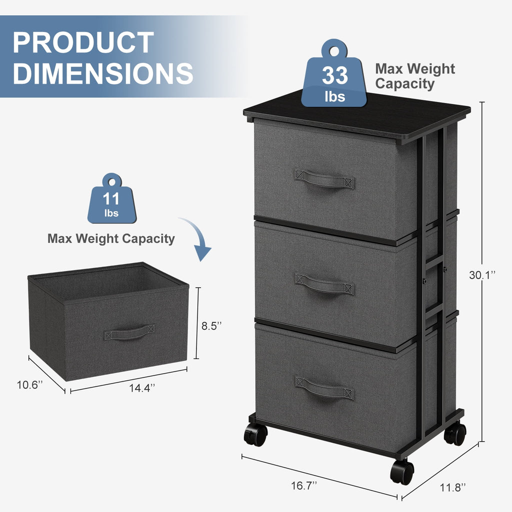 JIOABL Dresser Storage with 3 Drawers, Fabric Tower, Vertical Storage Unit with Wheels & Adjustable Handles for Bedroom, Closet, Office
