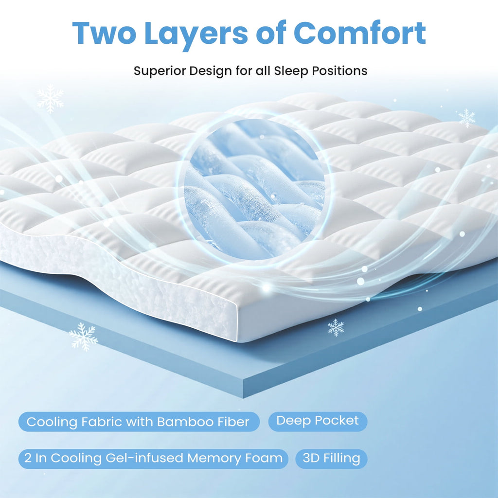 JIOABL Double Layer Mattress Topper, 2 inch Gel Memory Foam & 2 inch Cool Pillow Top for Back Pain Relief, Medium Firm