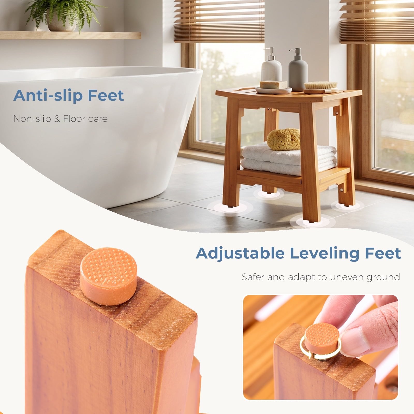 JIOABL Pine Wood Shower Bench, 250lbs Capacity, Waterproof, Non-Slip, Adjustable, for Indoor & Outdoor Use - Natural Finish