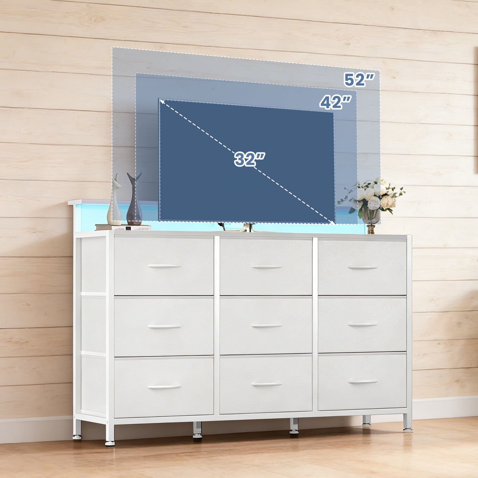 JIOABL TV Stand with  Fabric Drawers & Power Outlet, LED TV Console with USB & Type-C, Storage Dresser for Living Room