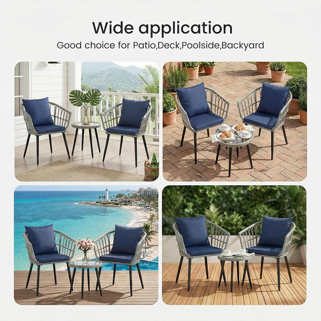 JIOABL Outdoor Bistro Set, Wicker Chairs & Glass Top Table for Patio, Balcony, Porch, Backyard