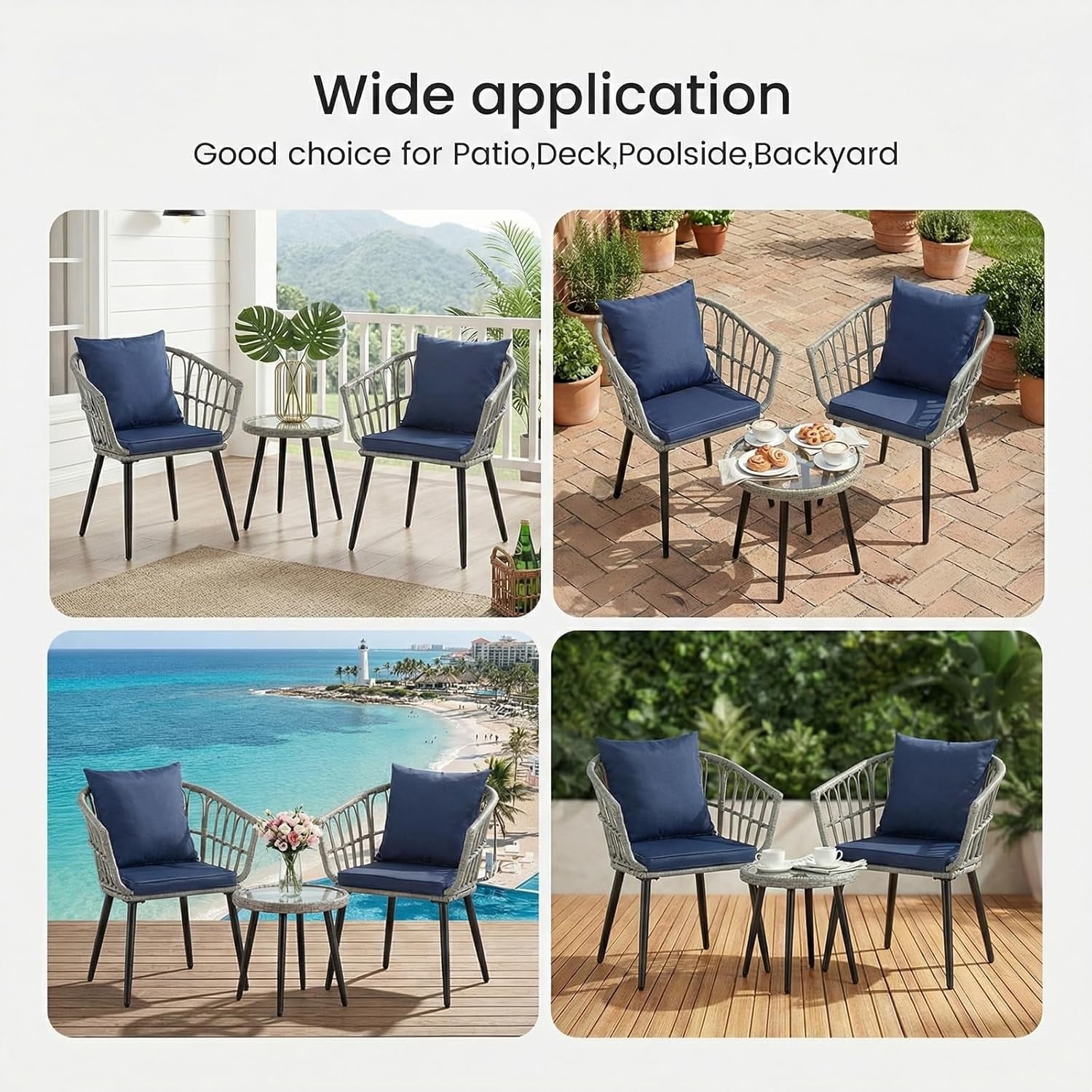 JIOABL Outdoor Bistro Set, Wicker Chairs & Glass Top Table for Patio, Balcony, Porch, Backyard