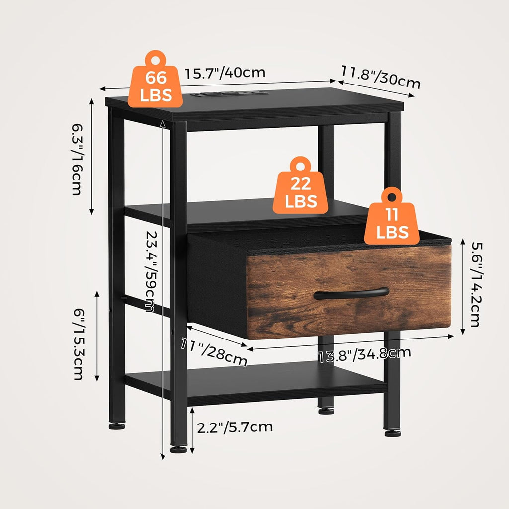 JIOABL Nightstand with USB & Type-C Charging, Fabric Drawers, Metal Frame
