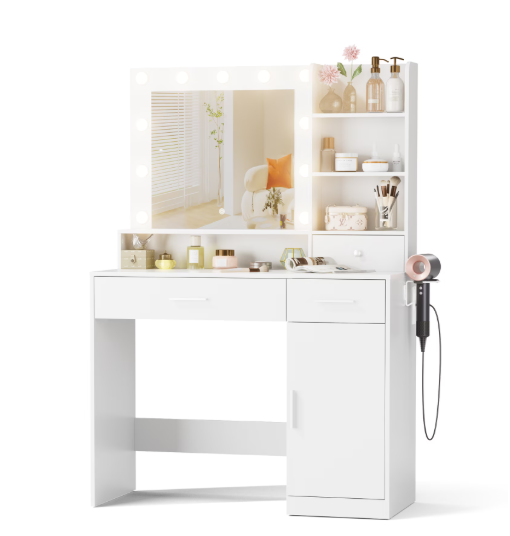 JIOABL Dressing Table with Mirror and Light, Adjustable Brightness Dressing Table with Drawers and Storage Shelves, White