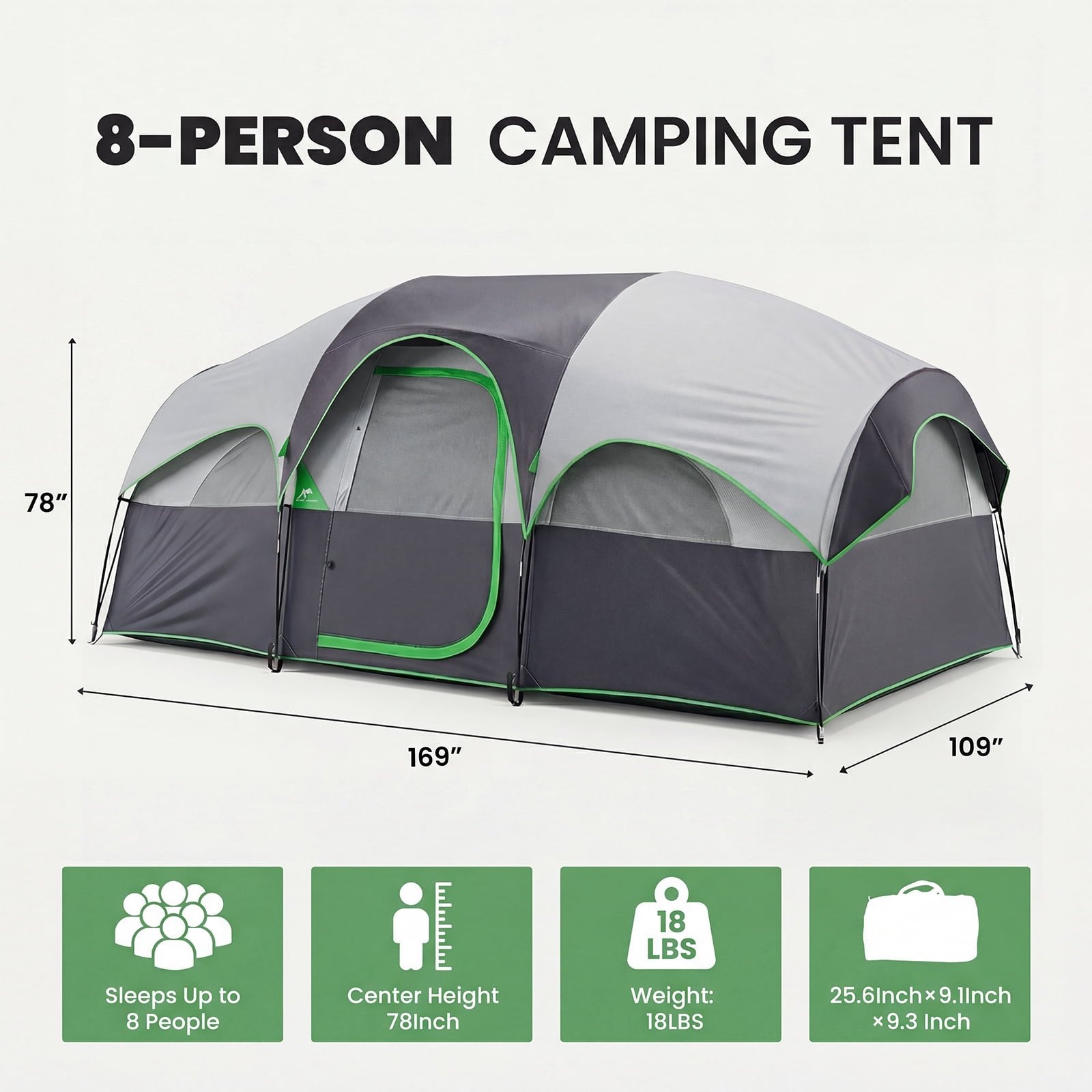 JIOABL 8 Person Camping Tent with Room Divider, Waterproof Polyester, Easy Setup, Portable with Carry Bag, Stakes & Ropes for Outdoor Camping