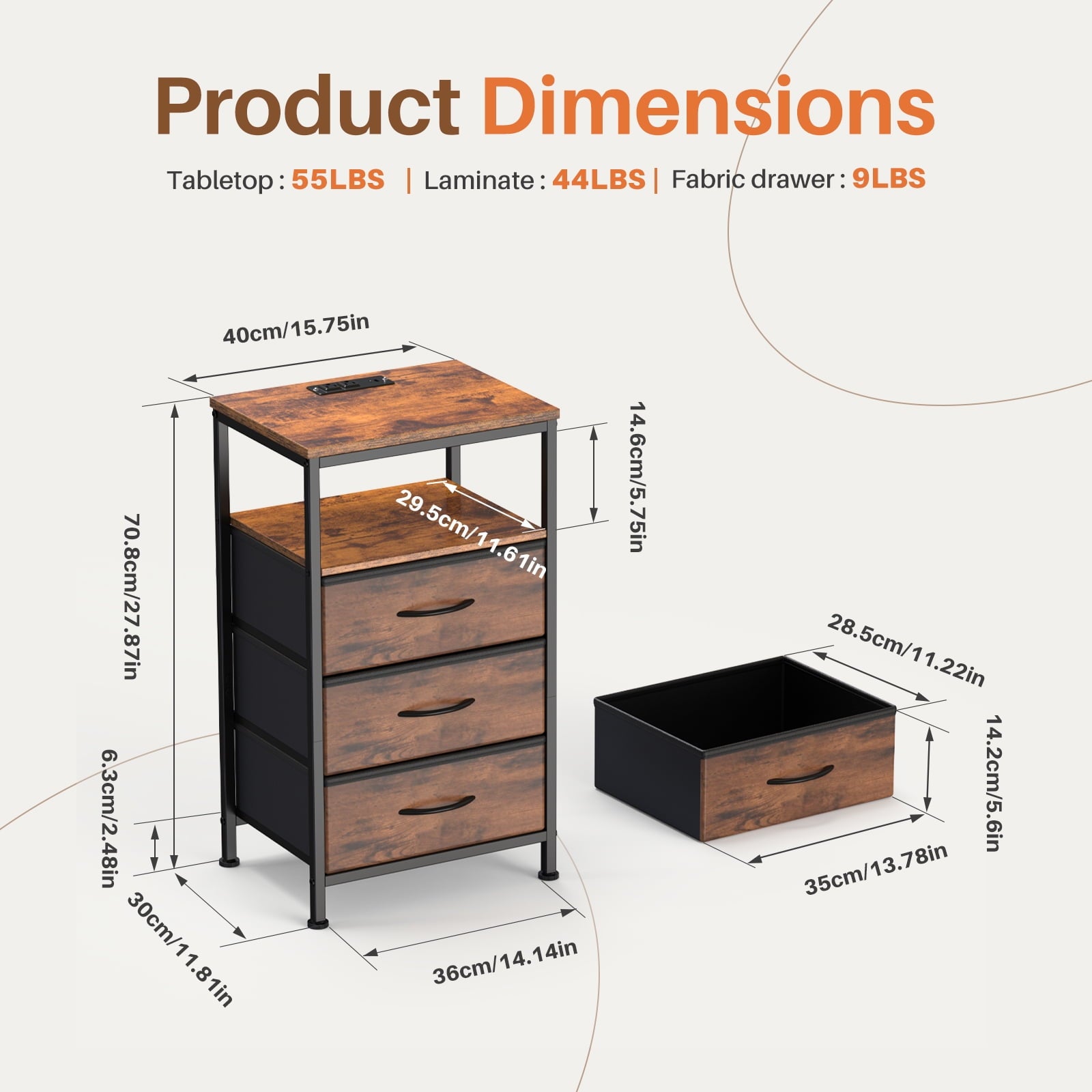 JIOABL Nightstand with USB & Type-C Charging, Fabric Drawers, Metal Frame