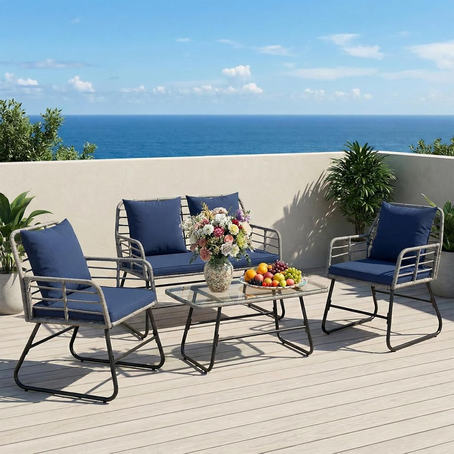 JIOABL Outdoor Bistro Set, Wicker Chairs & Glass Top Table for Patio, Balcony, Porch, Backyard