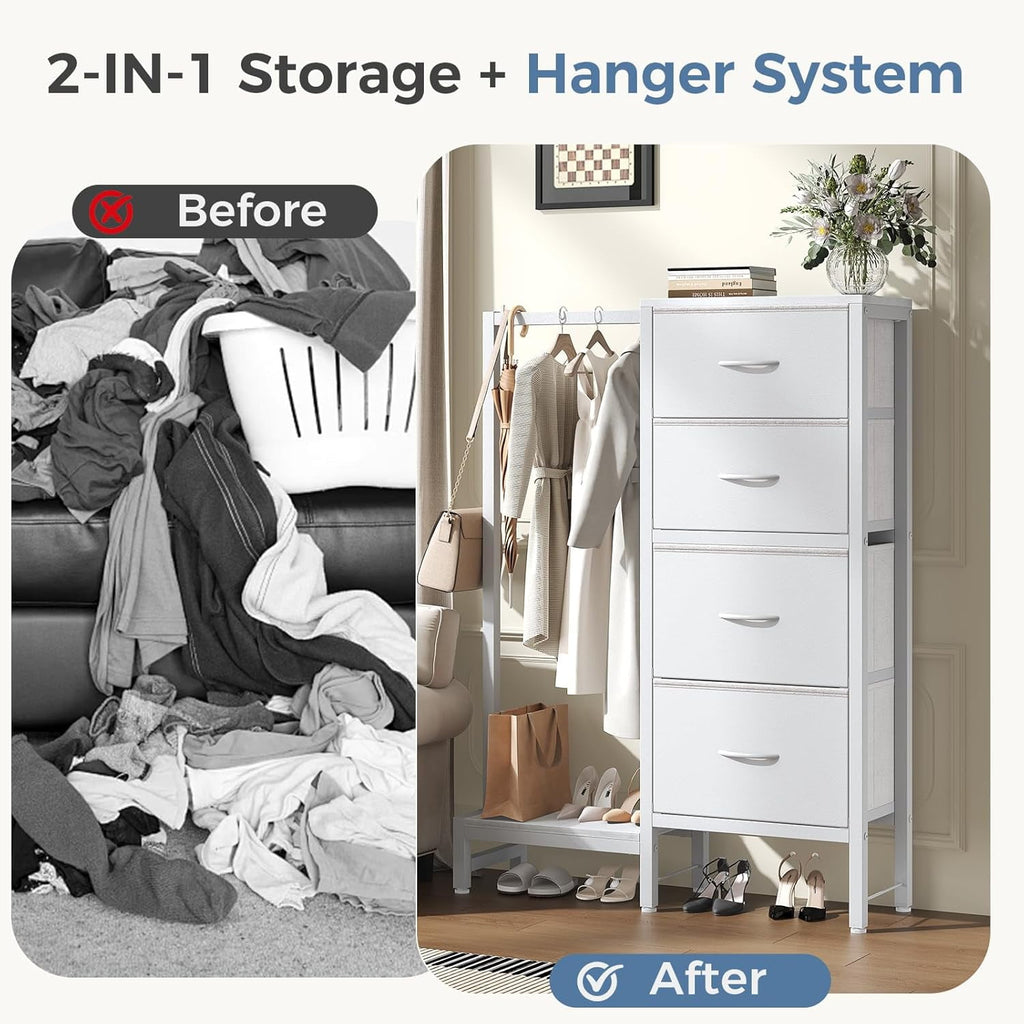 JIOABL 4 Drawer Dresser with Hanging Rack, Steel Frame, Fabric Drawers, Tall Storage Organizer for Bedroom