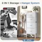 JIOABL 4 Drawer Dresser with Hanging Rack, Steel Frame, Fabric Drawers, Tall Storage Organizer for Bedroom