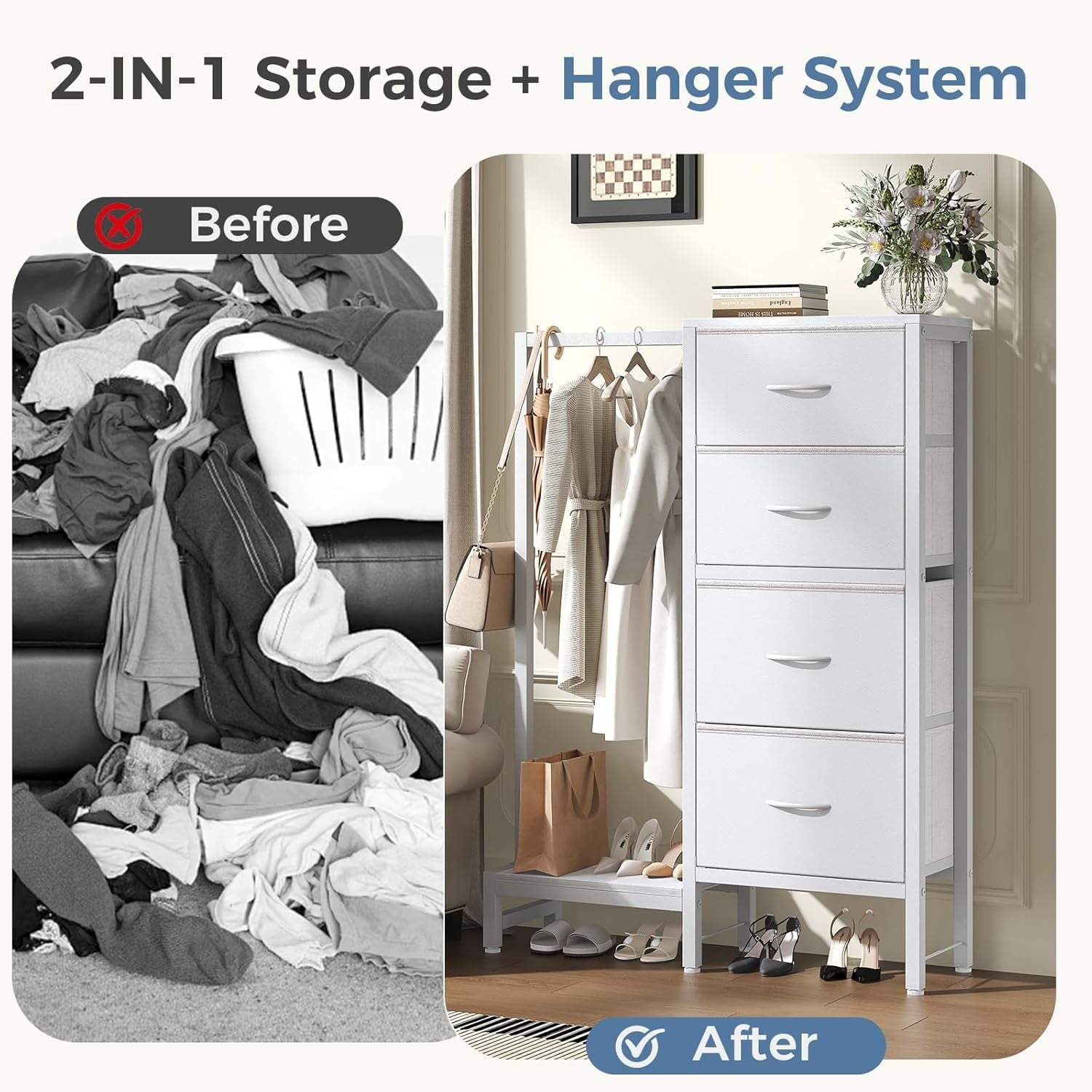 JIOABL 4 Drawer Dresser with Hanging Rack, Steel Frame, Fabric Drawers, Tall Storage Organizer for Bedroom