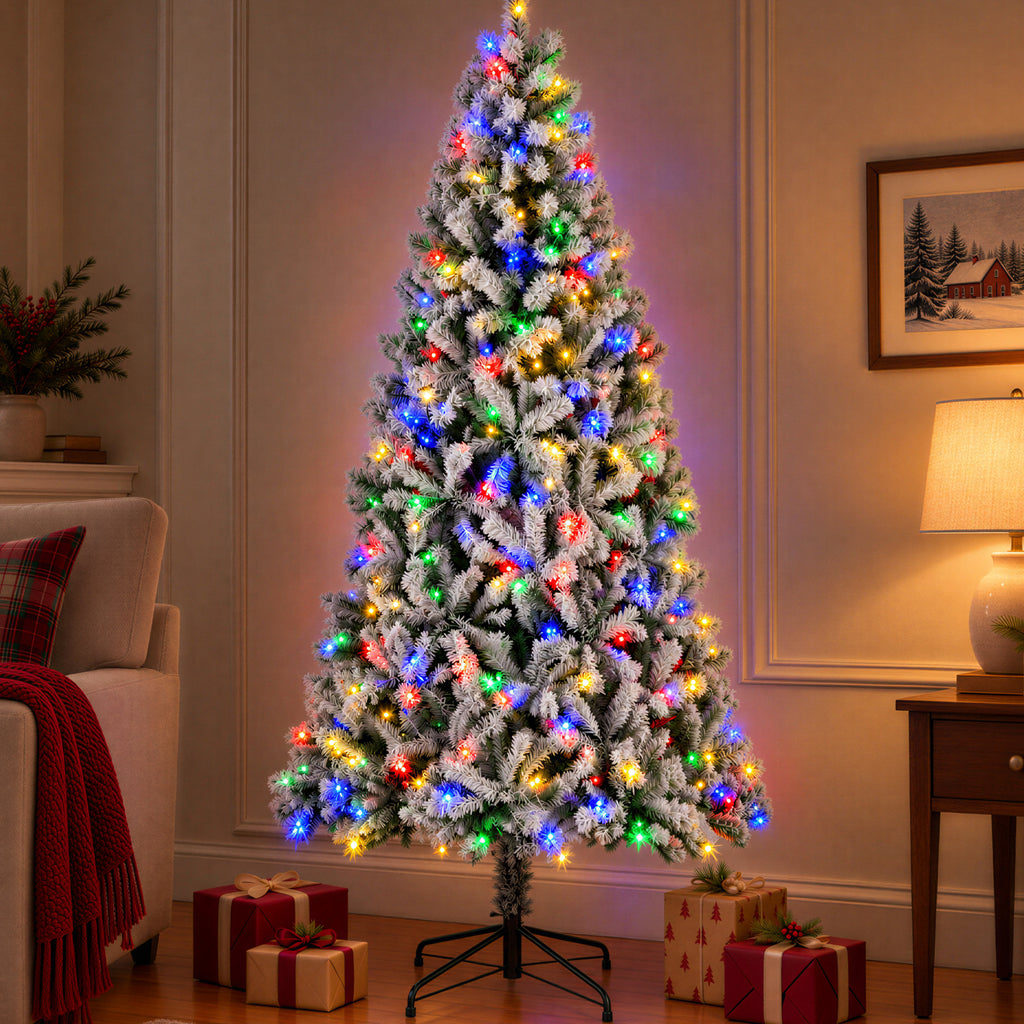 JIOABL Flocked Pre-lit Artificial Christmas Tree with Premium Multicolor Lights