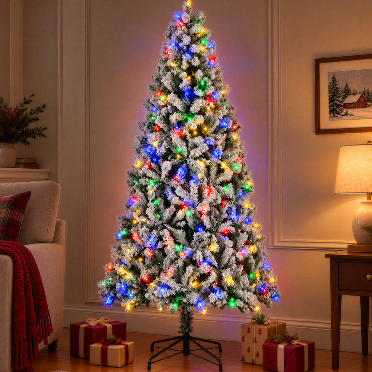 JIOABL Flocked Pre-lit Artificial Christmas Tree with Premium Multicolor Lights
