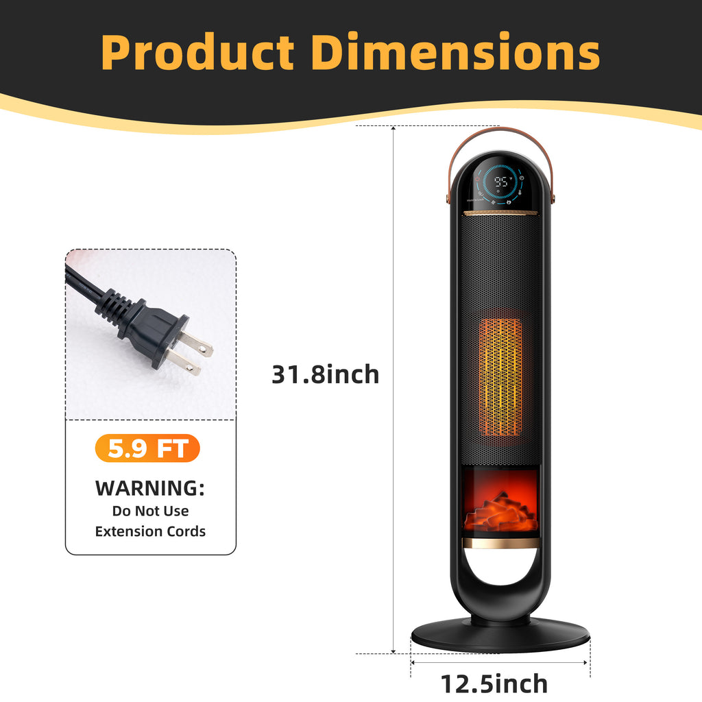 JIOABL Tall Tower Flame Heater with Light | 1500W, 4 Functions, 3s Quick Heat, 2 Heat Settings, Low Noise, Oscillation & Timer