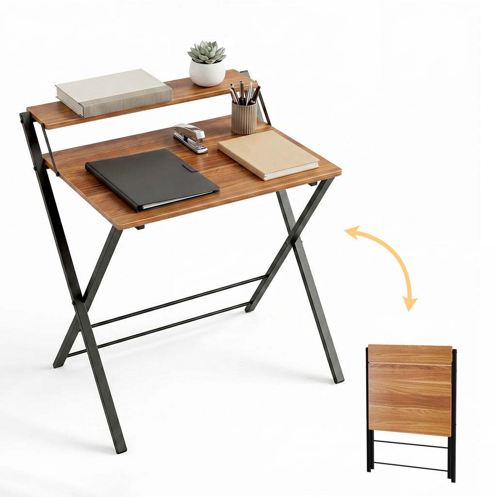 JIOABL No Assembly Folding Desk with Shelf – 2-Tier Compact Space-Saving Laptop Computer Table, Portable Study Workstation for Small Apartment, Dorm, Bedroom & Home Office
