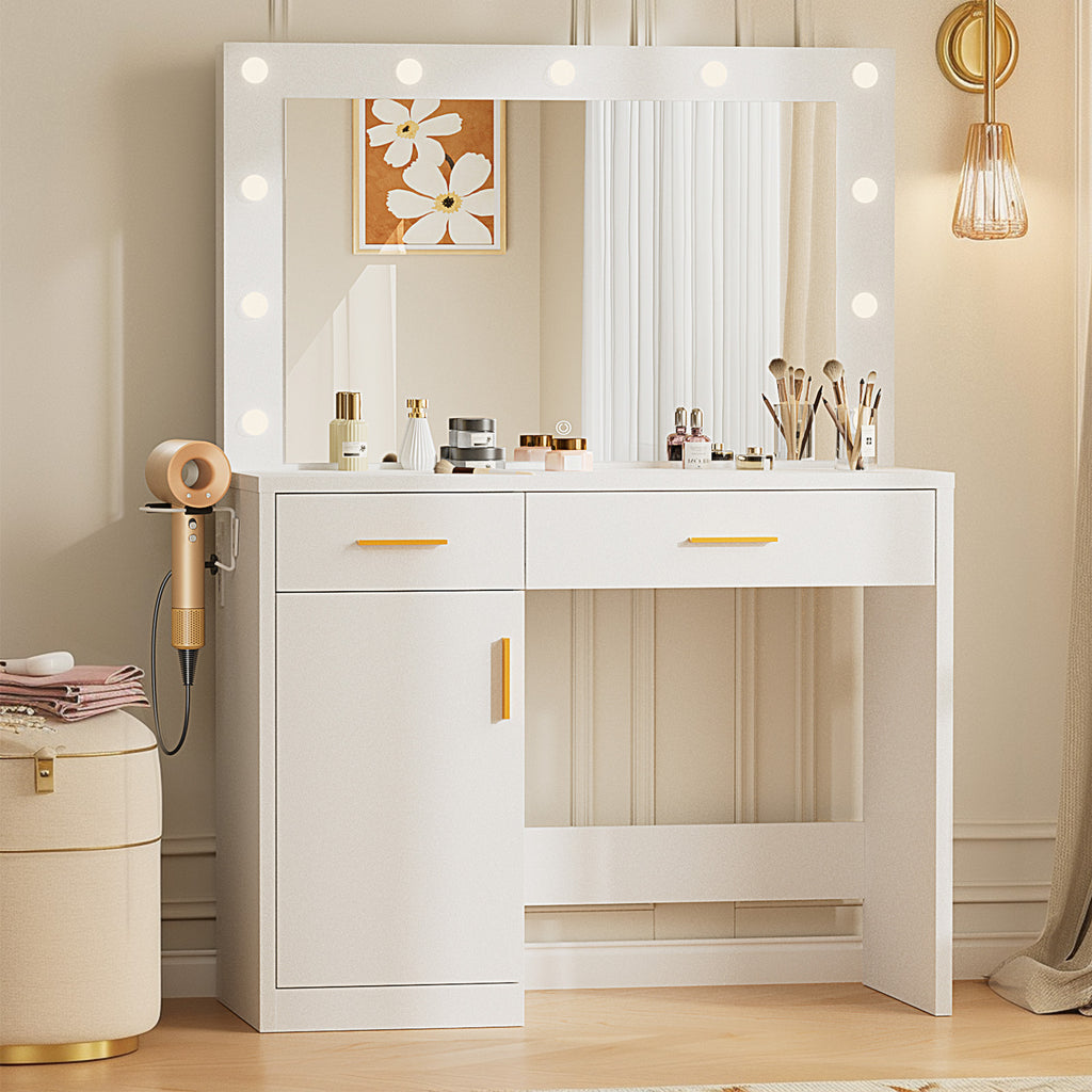 JIOABL Dressing Table with Mirror and Light, Adjustable Brightness Dressing Table with Drawers and Storage Shelves, White