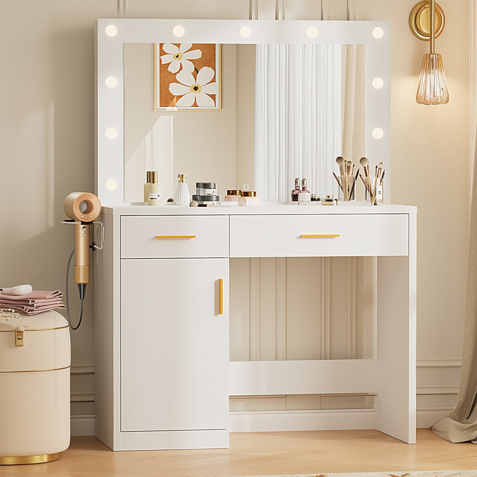 JIOABL Dressing Table with Mirror and Light, Adjustable Brightness Dressing Table with Drawers and Storage Shelves, White