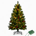 JIOABL Pre-Lit Artificial Spruce Christmas Tree, Pre-Decorated with Pinecones & Berries, Sturdy Metal Stand Base