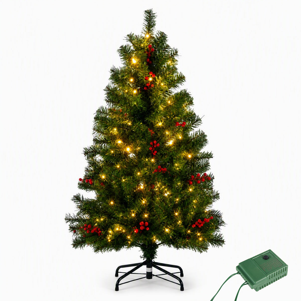 JIOABL Pre-Lit Artificial Spruce Christmas Tree, Pre-Decorated with Pinecones & Berries, Sturdy Metal Stand Base