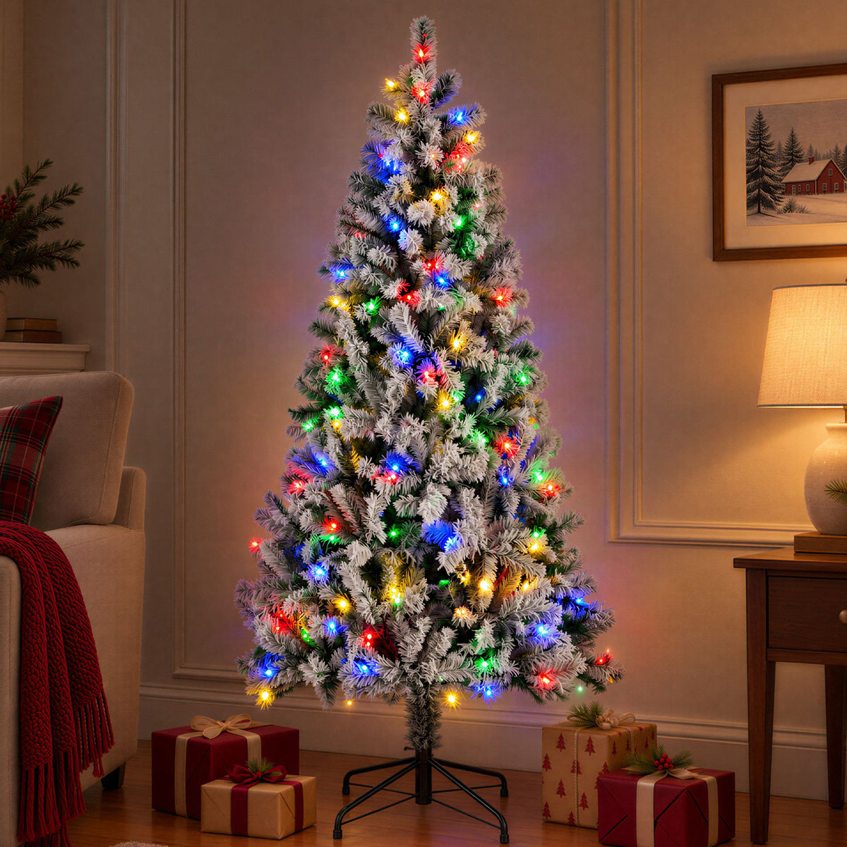 JIOABL Flocked Pre-lit Artificial Christmas Tree with Premium Multicolor Lights