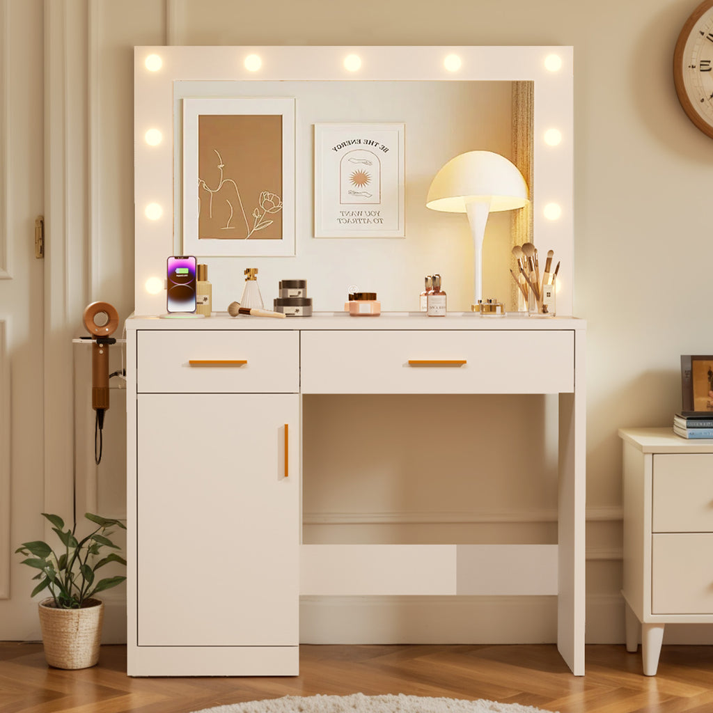 JIOABL Dressing Table with Mirror and Light, Adjustable Brightness Dressing Table with Drawers and Storage Shelves, White