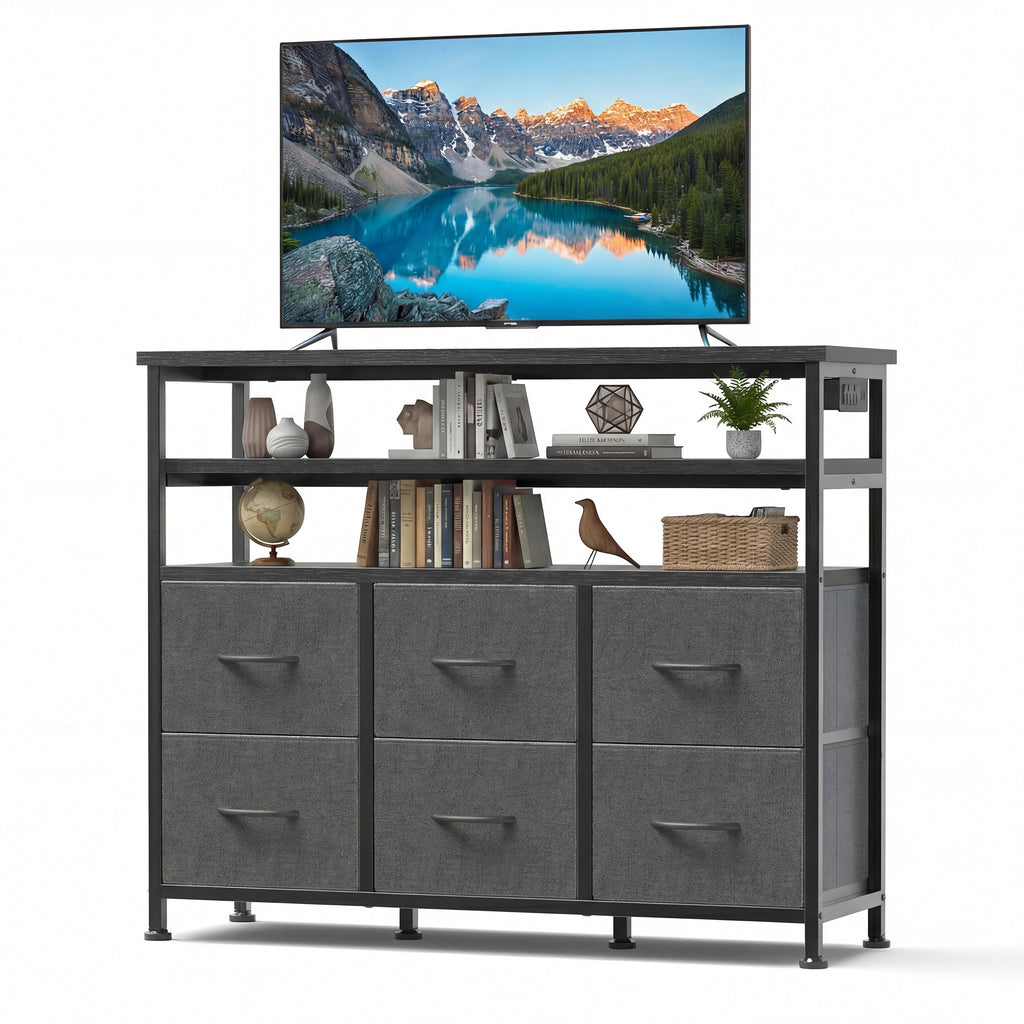 JIOABL TV Stand with 6 Fabric Drawers & Power Outlet, LED TV Console with USB & Type-C, Storage Dresser for Living Room