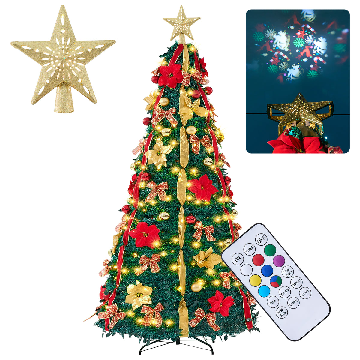 JIOABL 7FT Pop Up Christmas Tree, Pre-Lit with 200 LED Lights, Santa Projects Snowman, Fully Decorated, 7 Colors, 32 Light Modes with Remote, Stores Flat for Indoor Holiday Decor