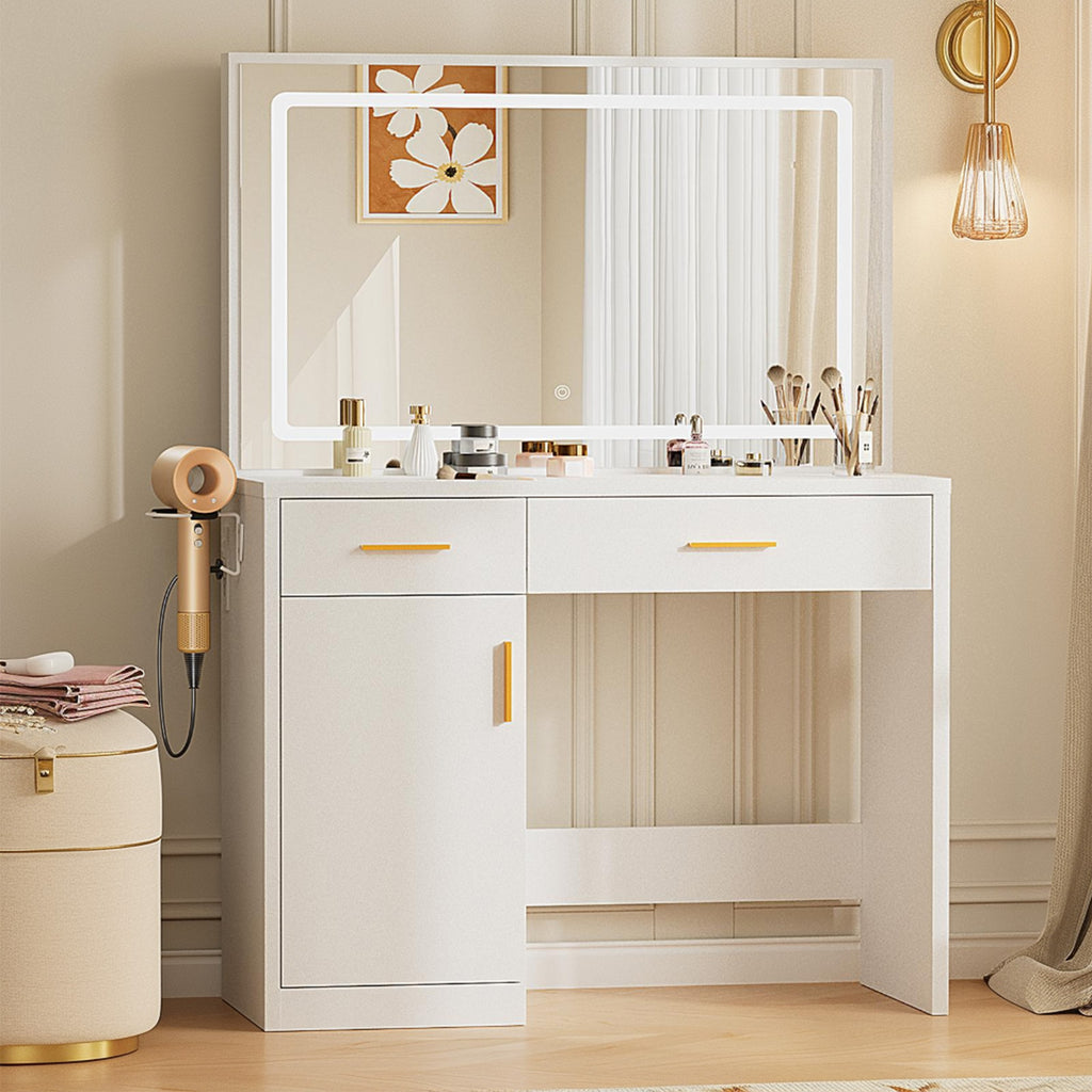JIOABL Dressing Table with Mirror and Light, Adjustable Brightness Dressing Table with Drawers and Storage Shelves, White