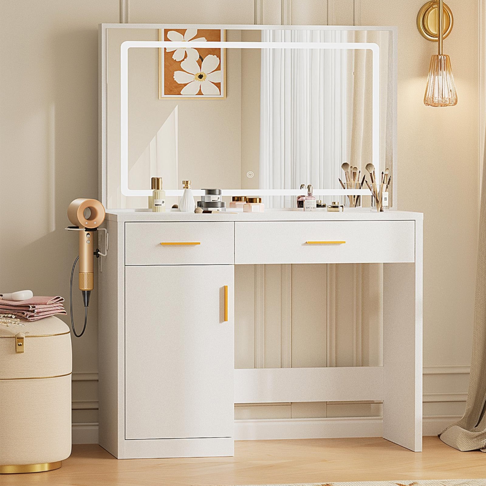 JIOABL Dressing Table with Mirror and Light, Adjustable Brightness Dressing Table with Drawers and Storage Shelves, White
