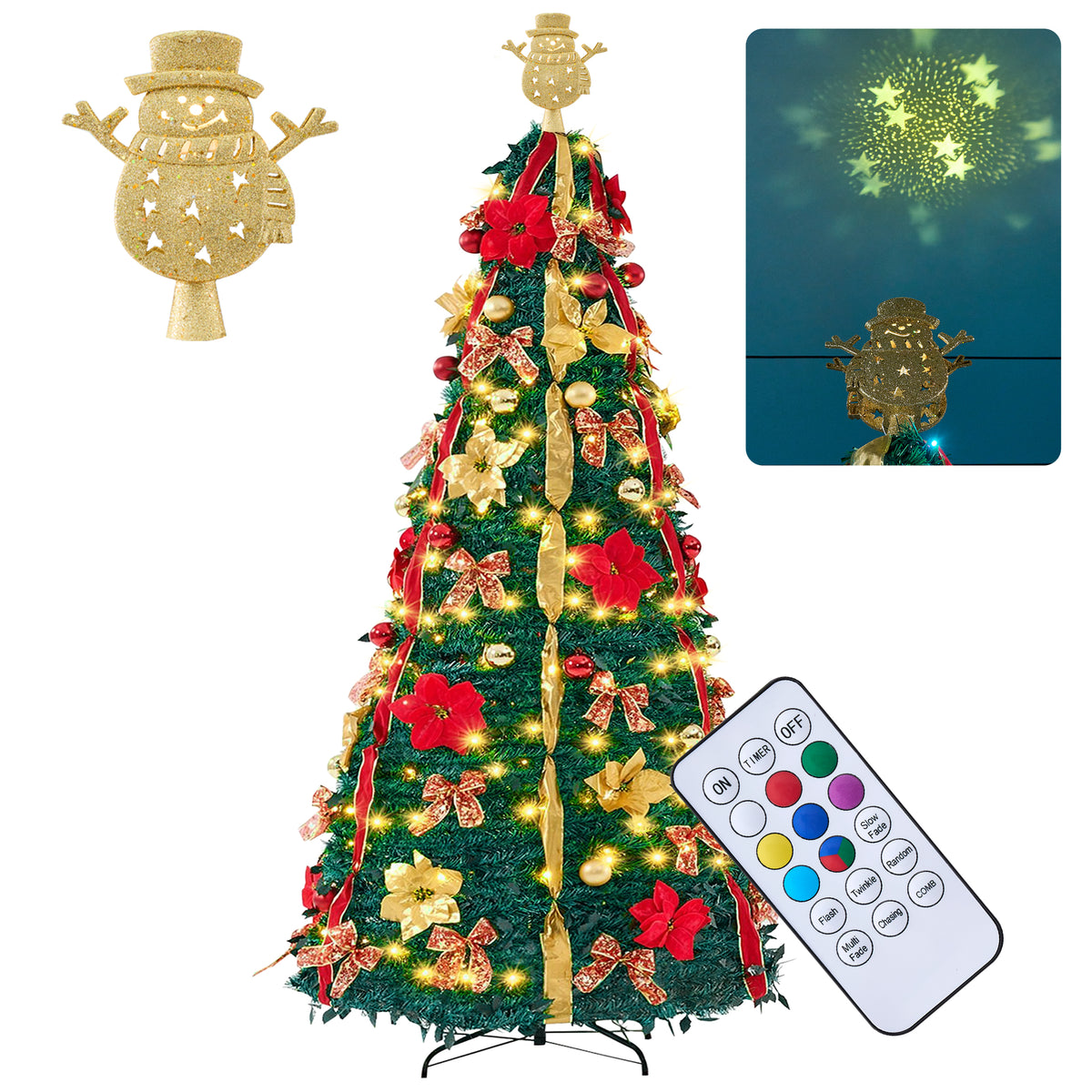 JIOABL 7FT Pop Up Christmas Tree, Pre-Lit with 200 LED Lights, Santa Projects Snowman, Fully Decorated, 7 Colors, 32 Light Modes with Remote, Stores Flat for Indoor Holiday Decor