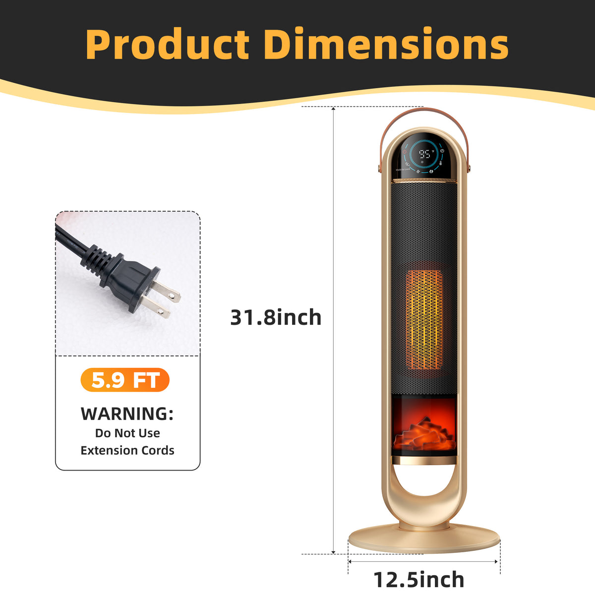 JIOABL Tall Tower Flame Heater with Light | 1500W, 4 Functions, 3s Quick Heat, 2 Heat Settings, Low Noise, Oscillation & Timer