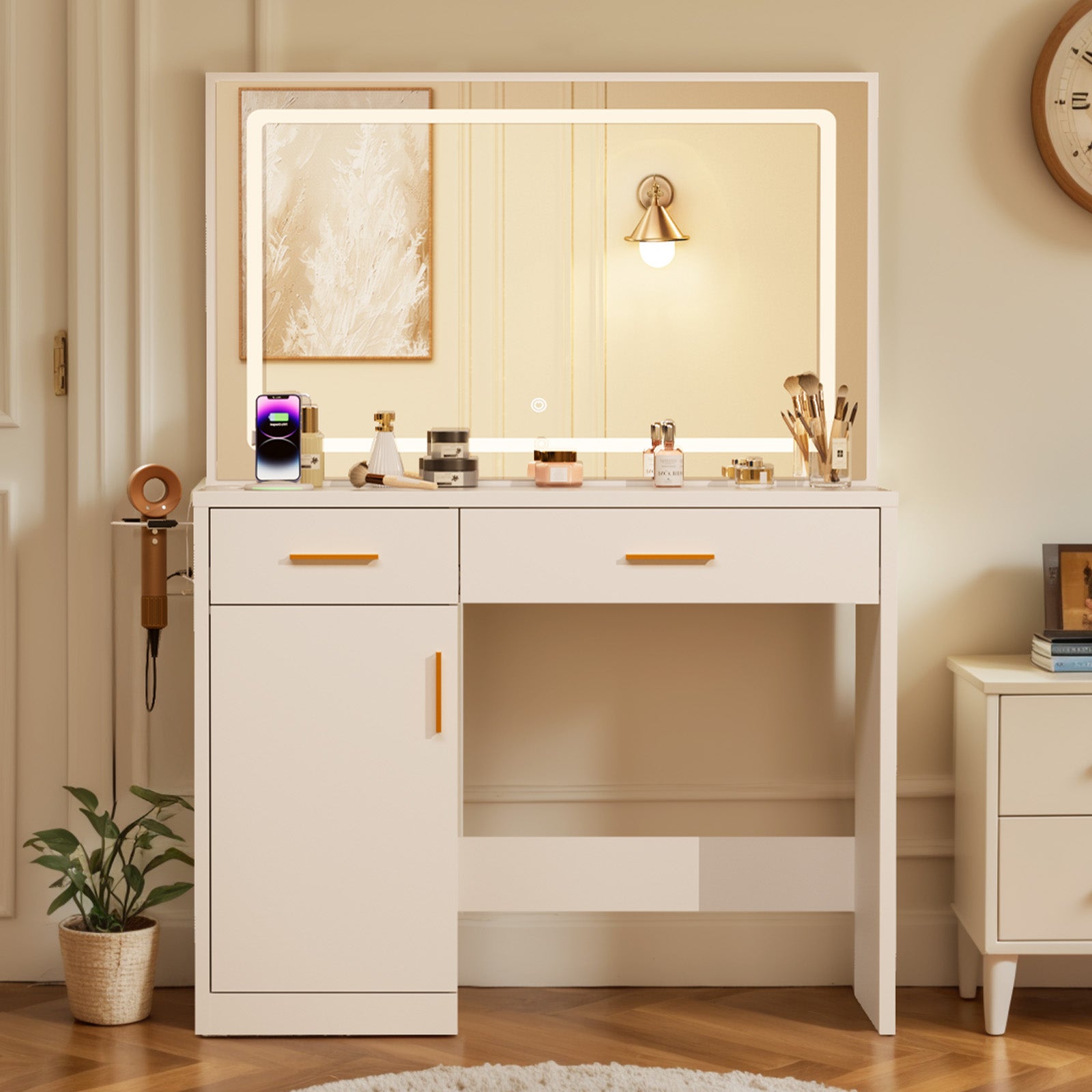 JIOABL Dressing Table with Mirror and Light, Adjustable Brightness Dressing Table with Drawers and Storage Shelves, White