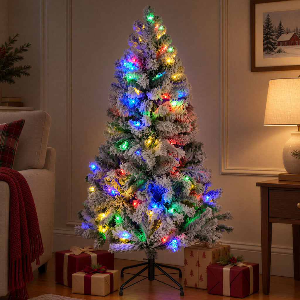 JIOABL Flocked Pre-lit Artificial Christmas Tree with Premium Multicolor Lights