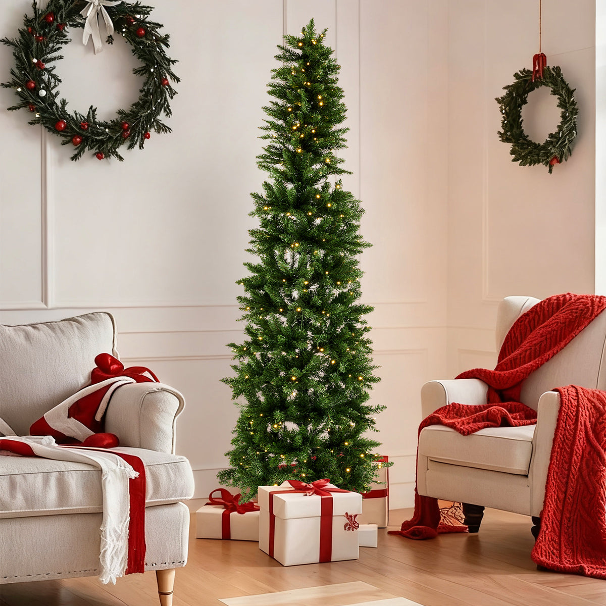 JIOABL Pre-Lit Fraser Fir Pencil Artificial Christmas Tree, Offering 8 Warm Light Modes