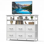 JIOABL TV Stand with 6 Fabric Drawers & Power Outlet, LED TV Console with USB & Type-C, Storage Dresser for Living Room