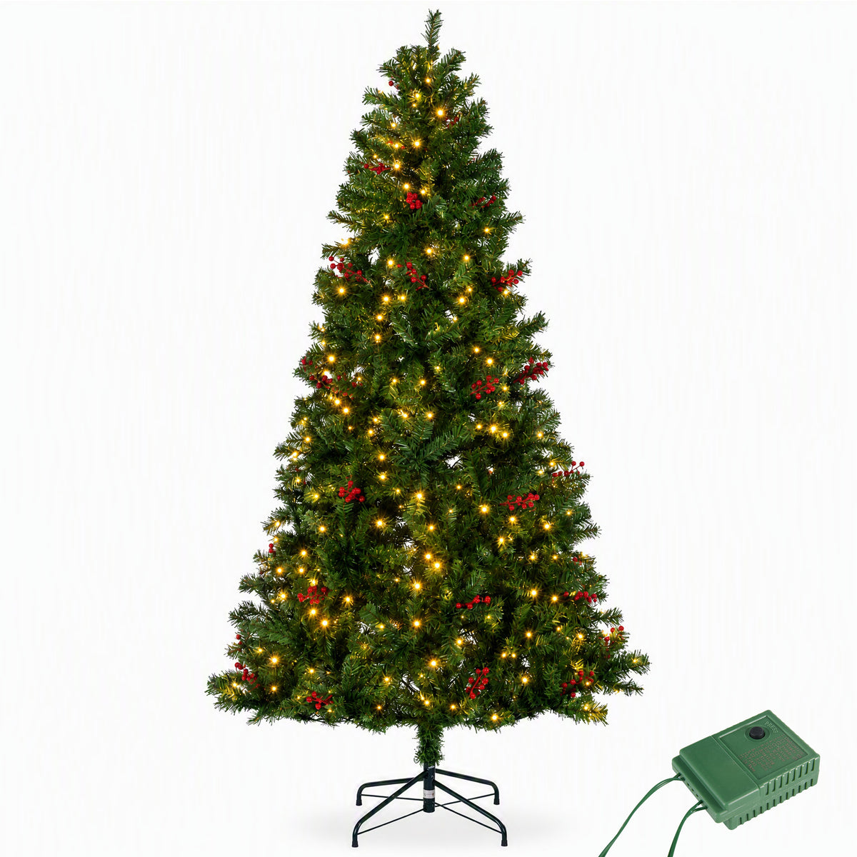 JIOABL Pre-Lit Artificial Spruce Christmas Tree, Pre-Decorated with Pinecones & Berries, Sturdy Metal Stand Base