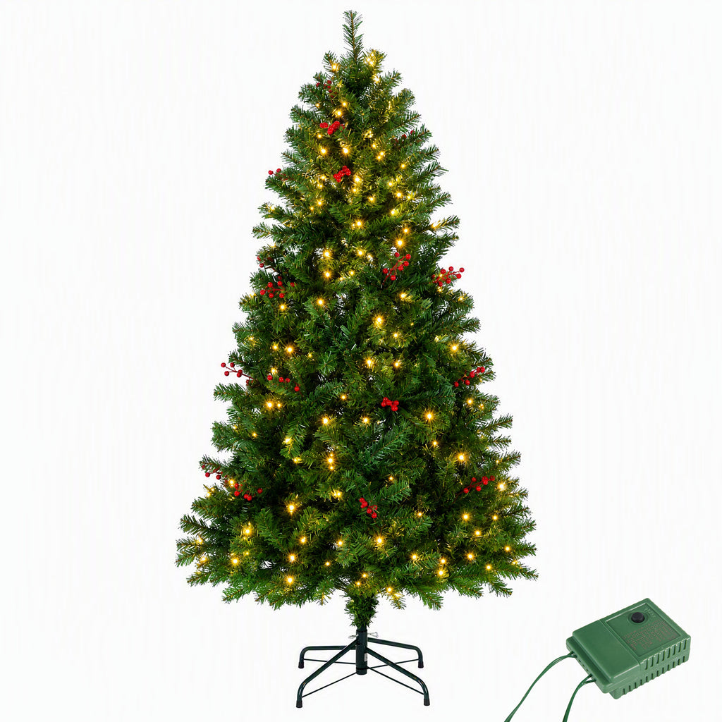 JIOABL Pre-Lit Artificial Spruce Christmas Tree, Pre-Decorated with Pinecones & Berries, Sturdy Metal Stand Base