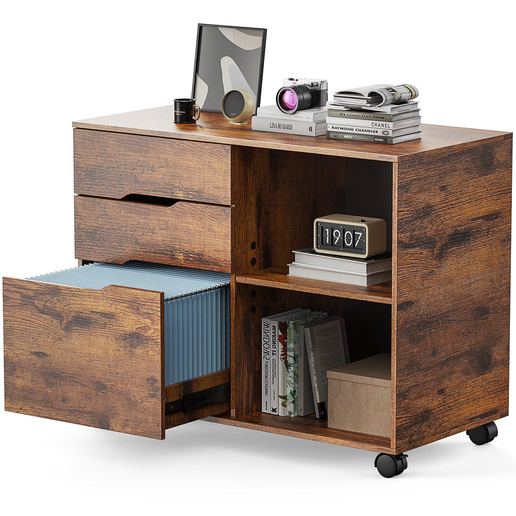 JIOABL 3-Drawer File Cabinet, Lateral Mobile Filing Cabinet Wood Storage Organizer with Wheels, Printer Stand & Open Shelves for Home Office