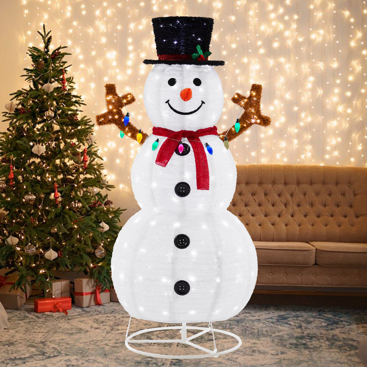 JIOABL 5ft Lighted Snowman, Large Outdoor Christmas Decoration with 200 LED Lights, Multicolored Scarf and Hat