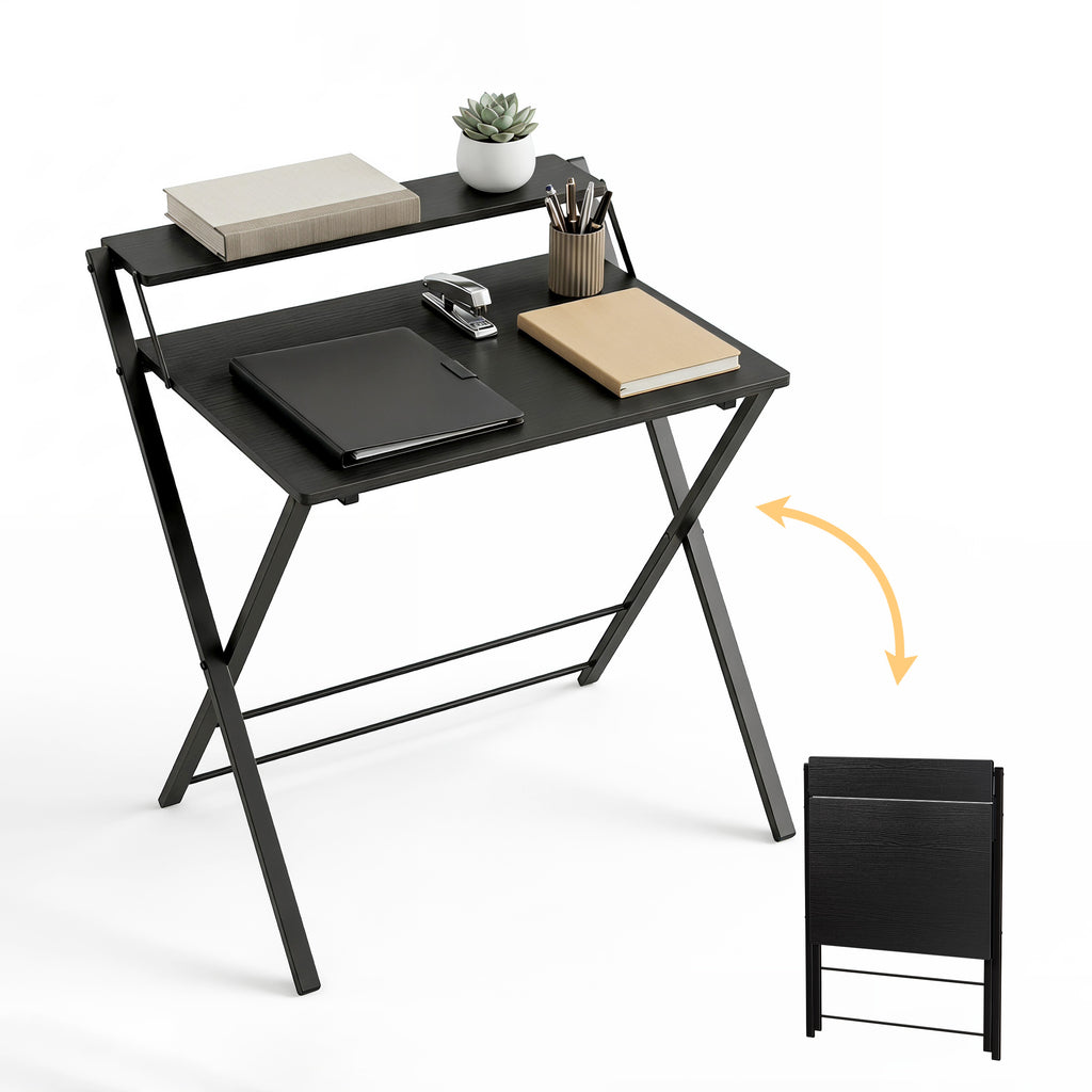 JIOABL No Assembly Folding Desk with Shelf – 2-Tier Compact Space-Saving Laptop Computer Table, Portable Study Workstation for Small Apartment, Dorm, Bedroom & Home Office