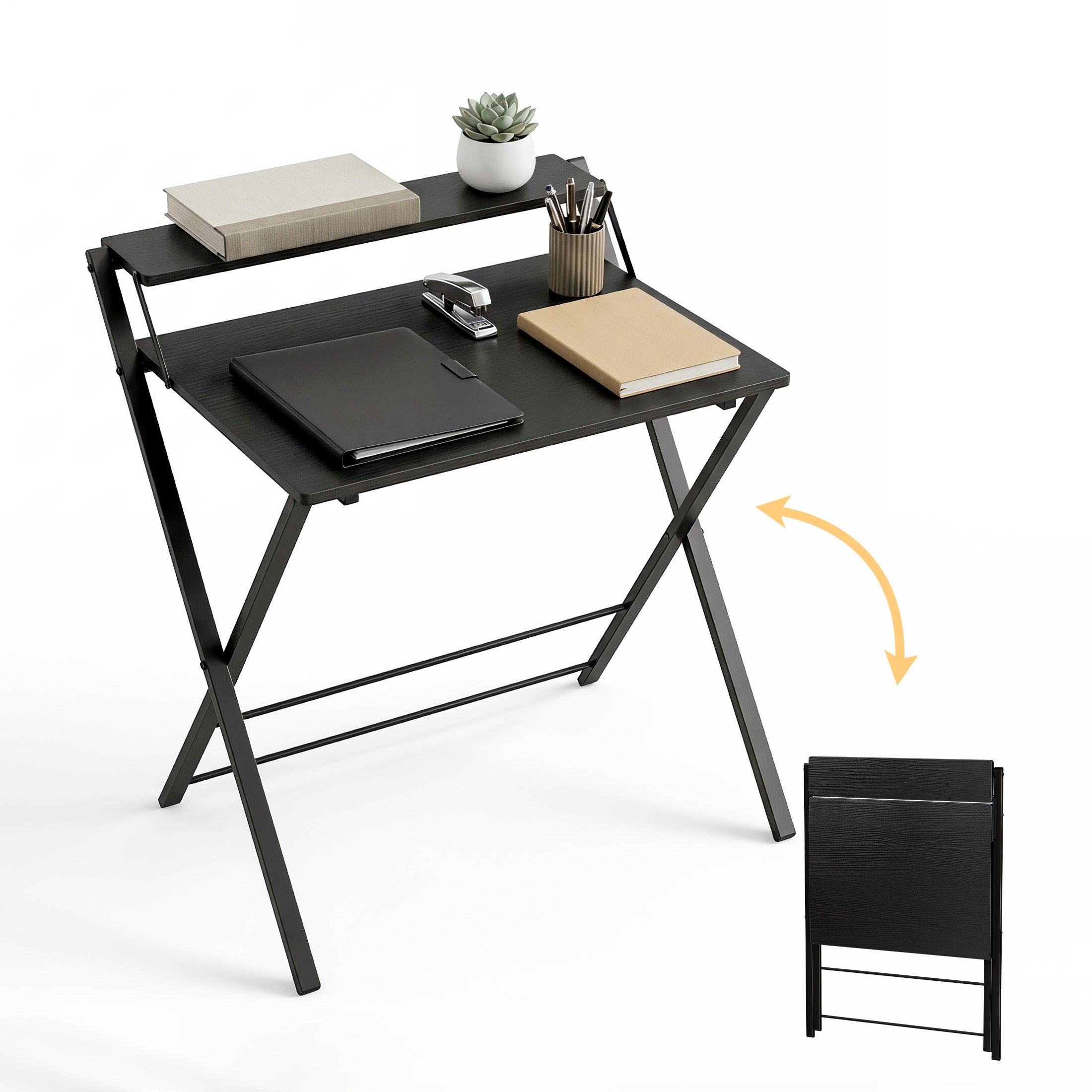 JIOABL No Assembly Folding Desk with Shelf – 2-Tier Compact Space-Saving Laptop Computer Table, Portable Study Workstation for Small Apartment, Dorm, Bedroom & Home Office