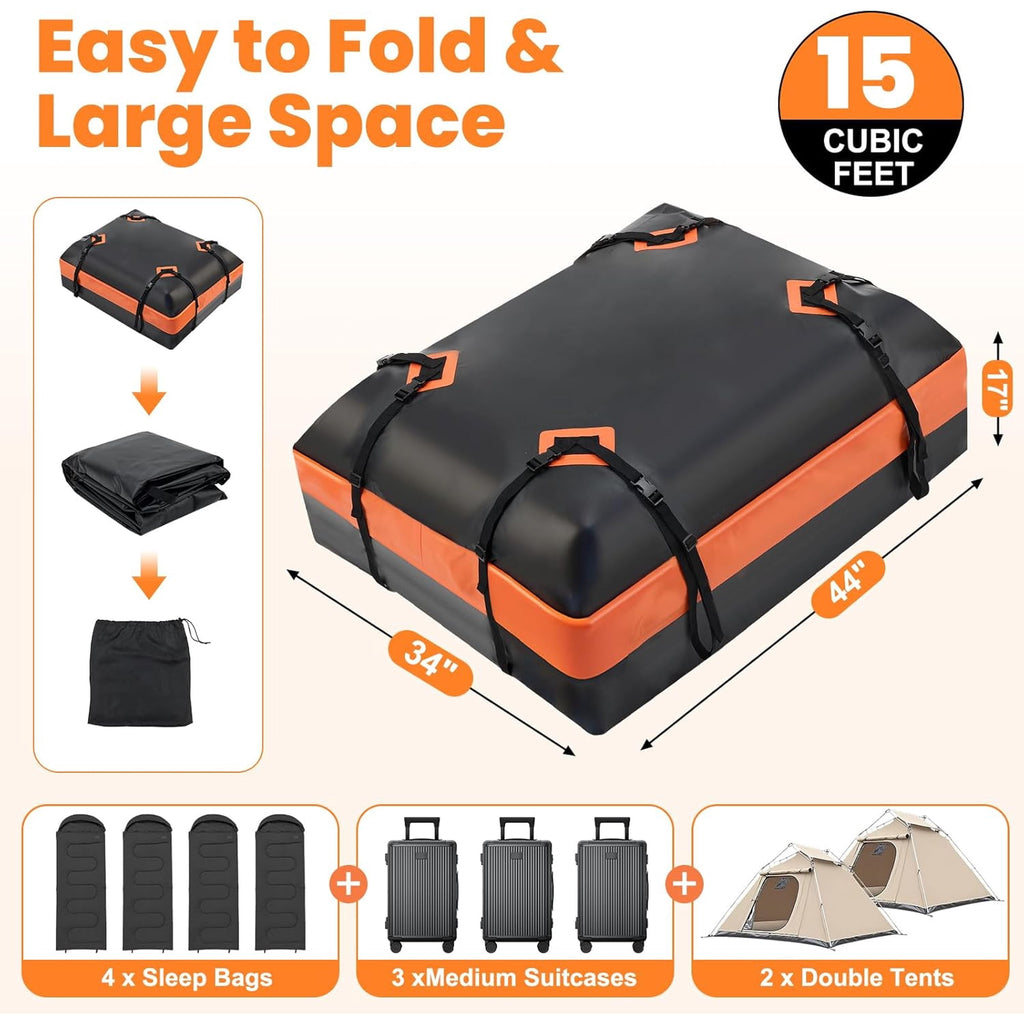 JIOABL Waterproof Car Roof Bag, 15 Cu Ft Rooftop Cargo Carrier with 6 Safety Hooks, Anti-Slip Mat, Lock, and Storage Bag for Cars & SUVs