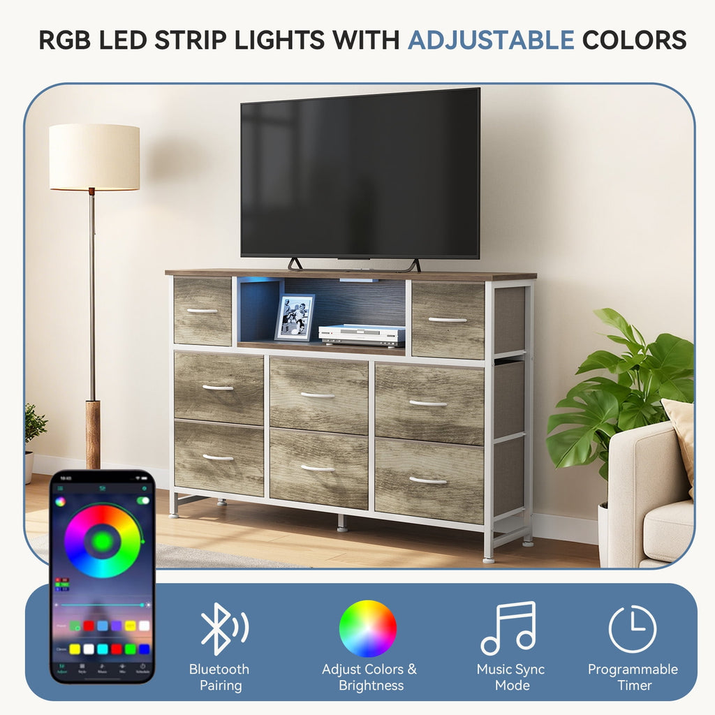 JIOABL TV Stand with  Fabric Drawers & Power Outlet, LED TV Console with USB & Type-C, Storage Dresser for Living Room