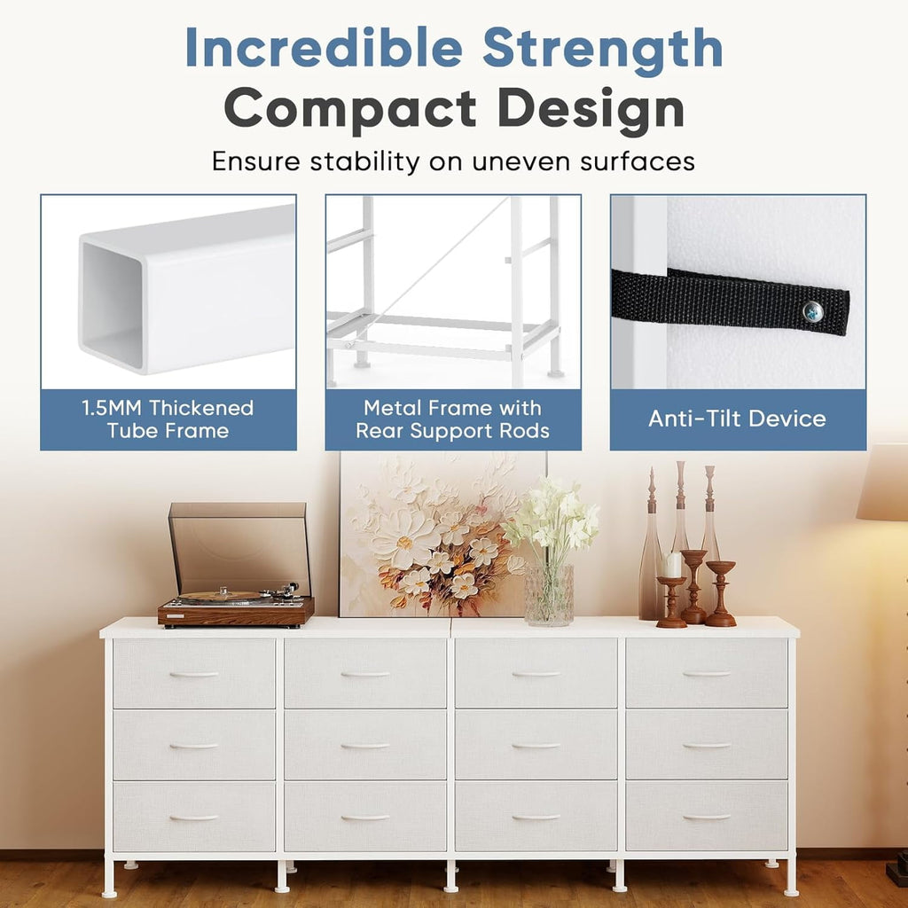 JIOABL TV Stand with 12 Fabric Drawers, Metal Frame Storage Stand with Adjustable feet and Anti-Tip