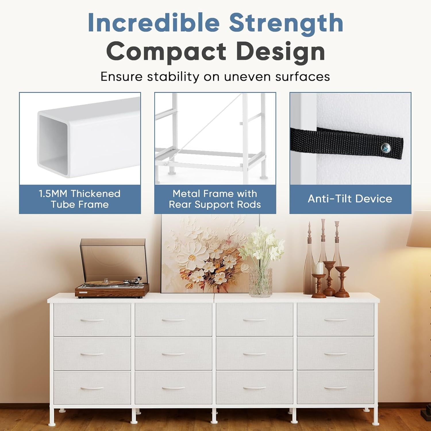 JIOABL TV Stand with 12 Fabric Drawers, Metal Frame Storage Stand with Adjustable feet and Anti-Tip
