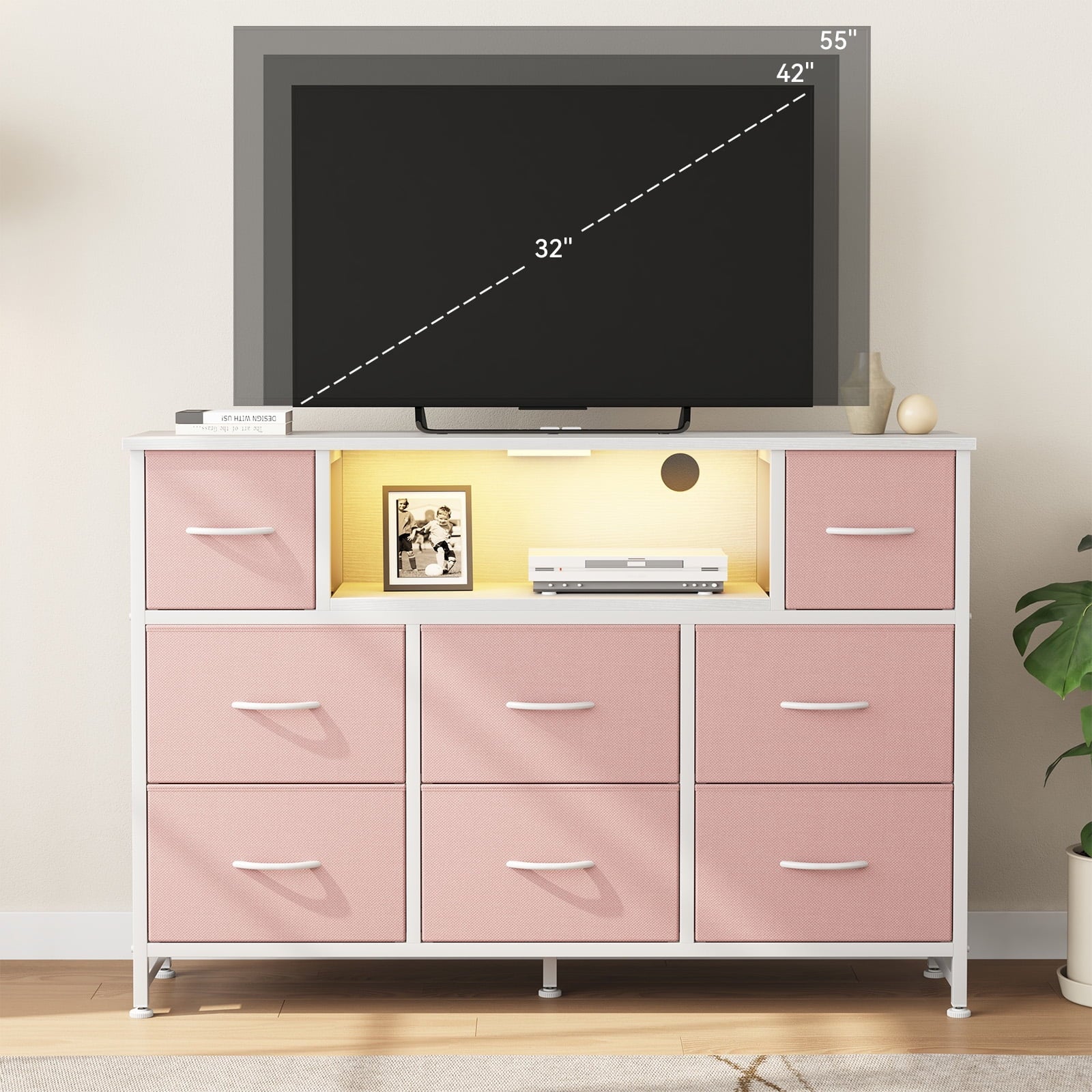 JIOABL TV Stand with  Fabric Drawers & Power Outlet, LED TV Console with USB & Type-C, Storage Dresser for Living Room