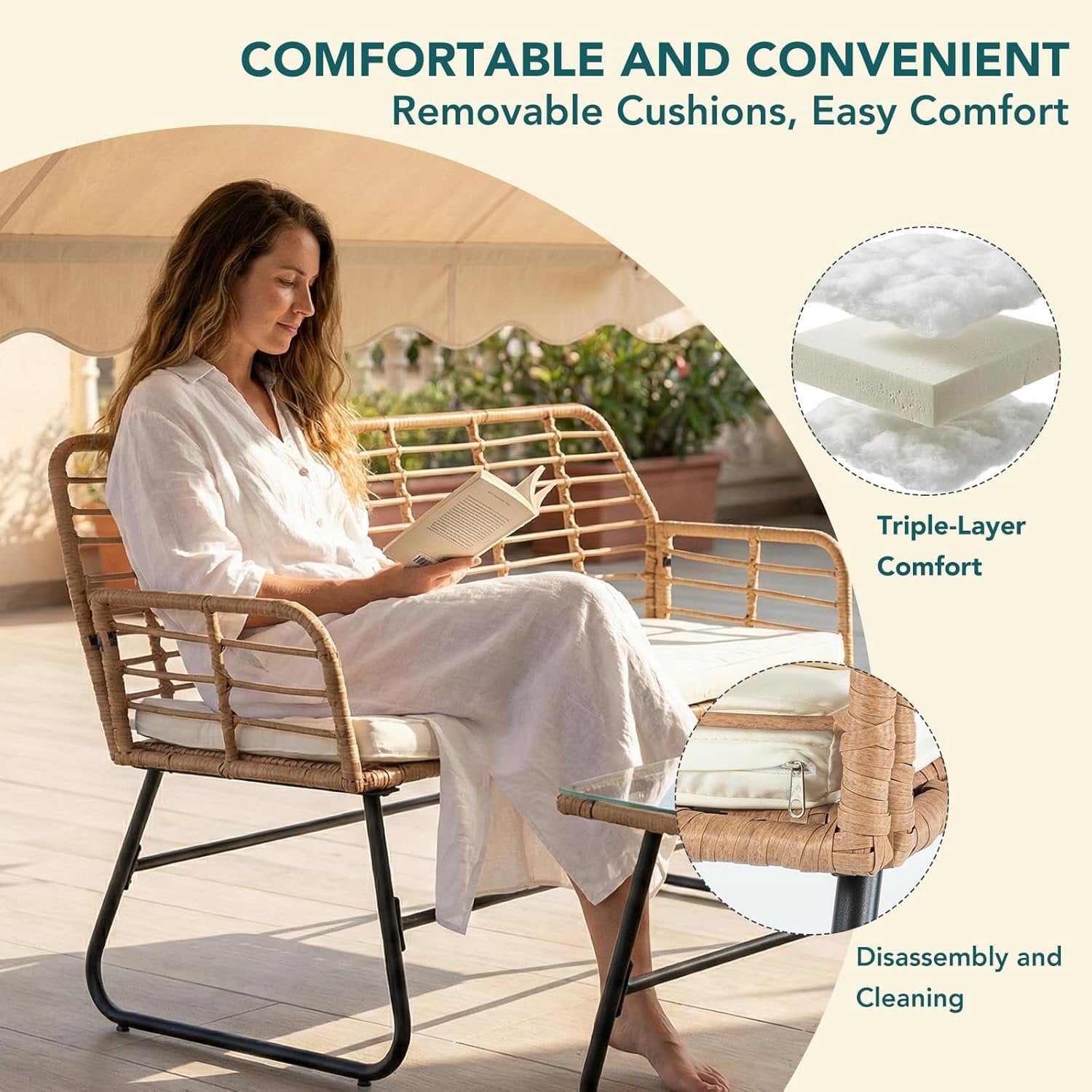 JIOABL Outdoor Bistro Set, Wicker Chairs & Glass Top Table for Patio, Balcony, Porch, Backyard