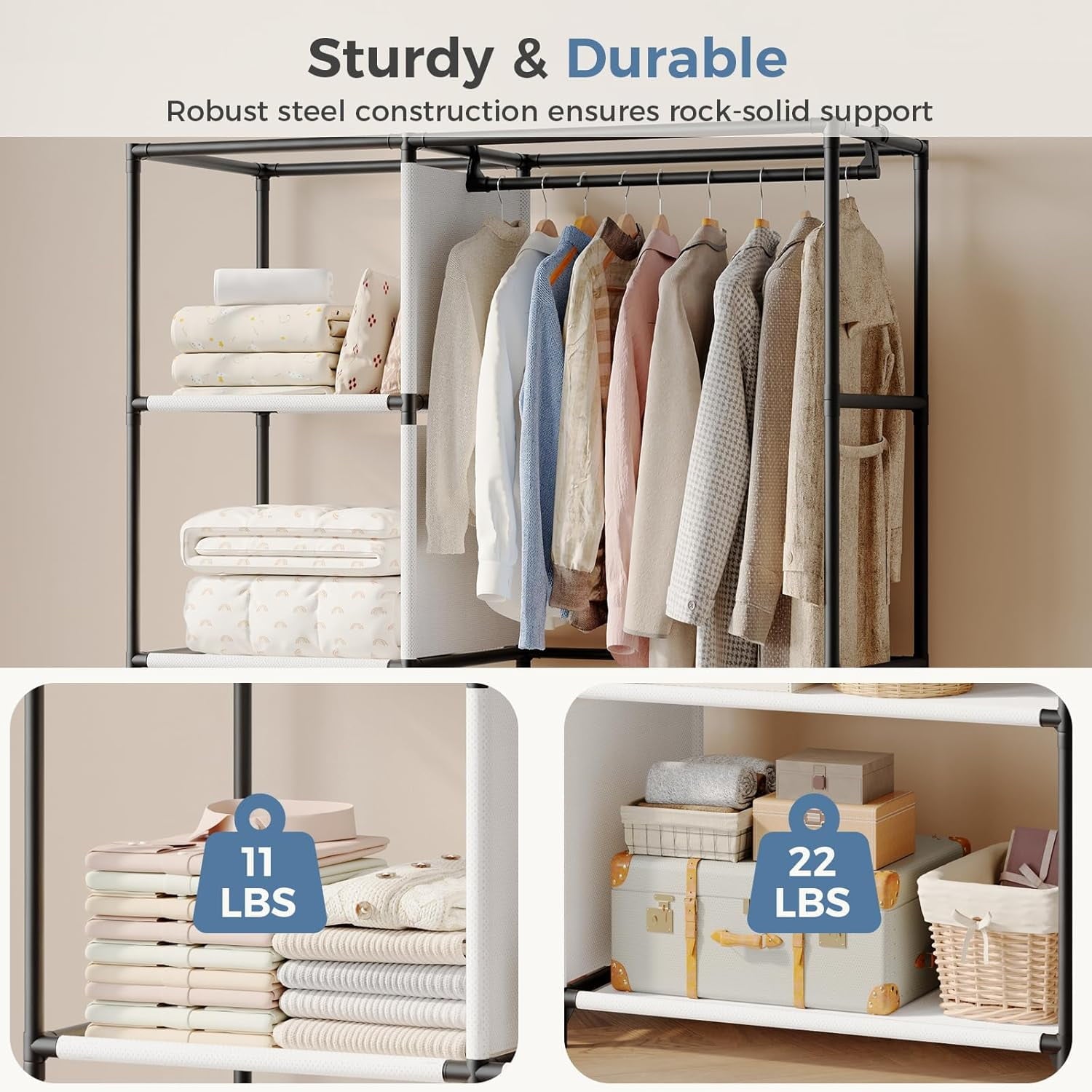 JIOABL Portable Clothes Rack with Shelves, Freestanding Closet Organizer with Hanging Rods for Bedroom, Entryway
