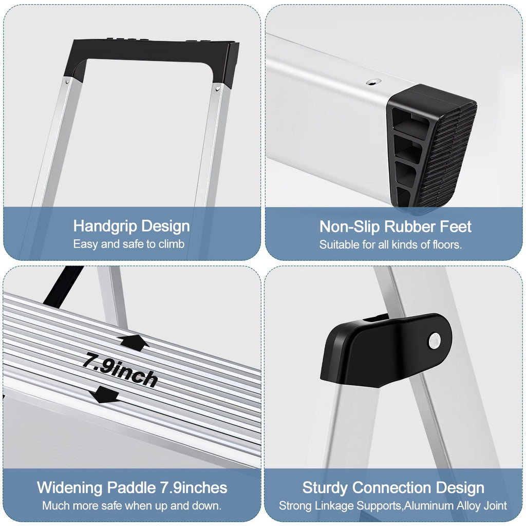 JIOABL Aluminum Folding Ladder, 330 lbs Capacity with Wide Non-Slip Steps, Steel Platform, Slim Fold Design